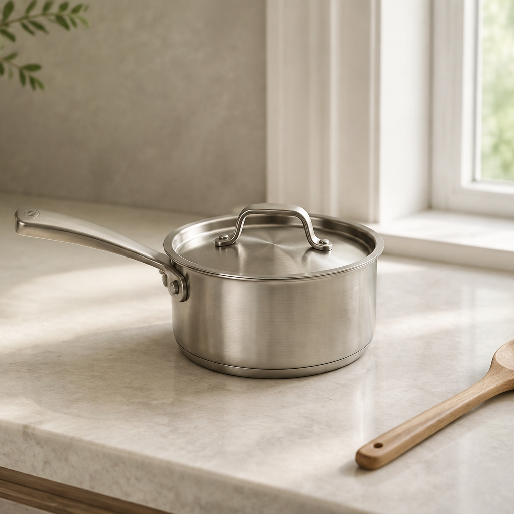 Bright Saucepan 2 qt in Steel, lifestyle view