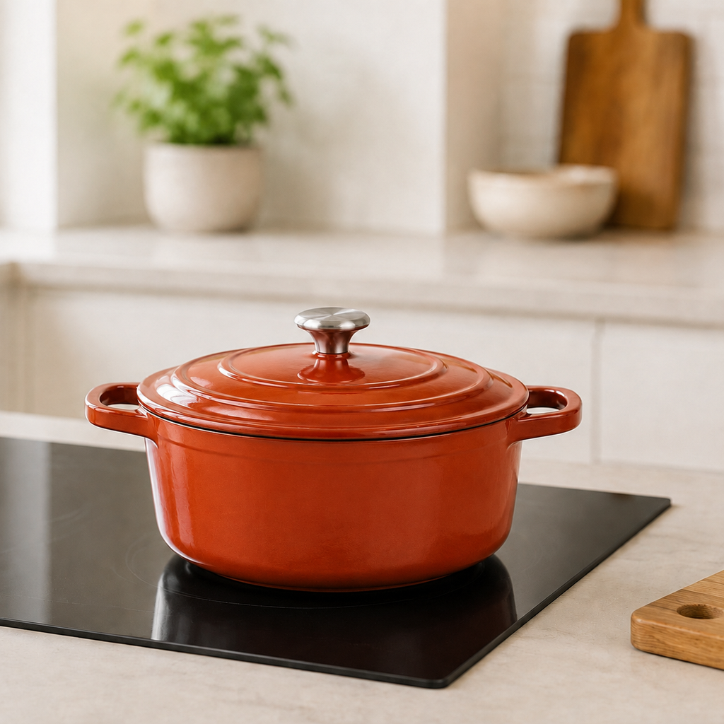 Hearth Dutch Oven 7.5 qt in Clay, lifestyle view